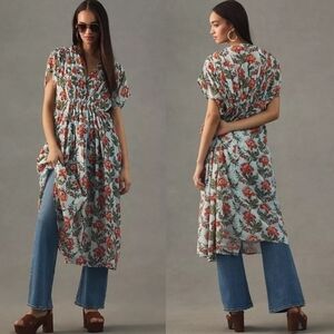 Anthropologie Orange Floral Boho Cotton V Neck Kaftan Dress